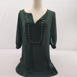 Angie Womens Tunic Top Button Up Detail 3/4 Sleeve Casual Green Size L